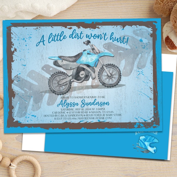 Dirt Bike Baby Shower Invitations - Vintage Motorcycle Sign Party Invites -  Blue Motorbike Shower Invites - Country Boy Dirt don't Hurt