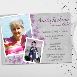 Hier et aujourd&#39;hui Invitations d&#39;anniversaire violet floral photo pour femmes grand-mère maman, surprise, jalon, 70e, 80e, 90e, tout âge, personnalisé élégant