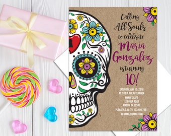 Sugar Skull Birthday Invitation - Sugar Skull Invitations - Kraft Skull Invite -  Day of the Dead Birthday Invitation - Floral Skull Wedding