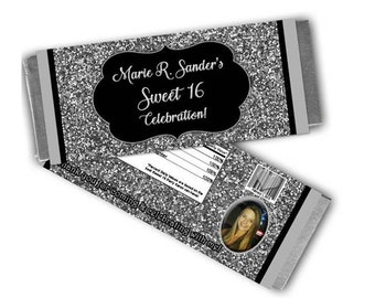 Silver Glitter Candy Wrappers - Personalized Silver Candy Bar Wrapper - Silver and Black Party Favors - Photo Party Favor - Any Age - Glitz