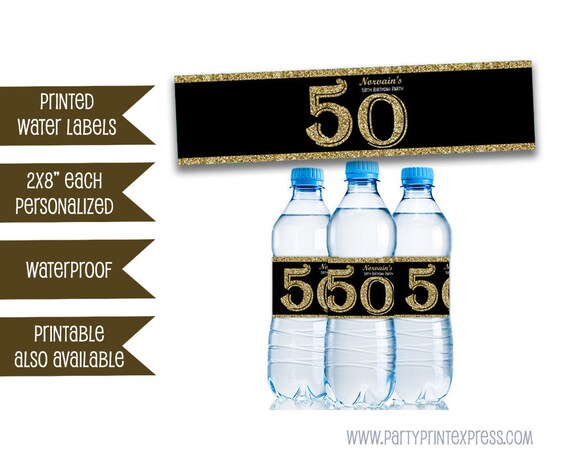 Adult Birthday Party Favors - Adult Party Decorations - Gold Glitter Favor - Personalized Water Bottle Labels - Milestone 50th 60th 70th 80 Il_570xn