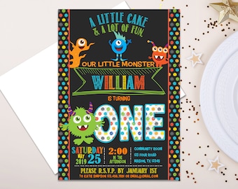 Monster Invitations - Monsters 1st Birthday Invitation - Monster Party - Monster Bash Invites - 2nd 3rd 4th 5th ANY age - Dots Chalk Primary