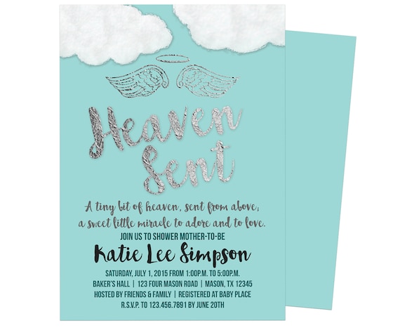 Heaven Sent Baby Shower Invitations - Turquoise Silver Gold - Angel ...