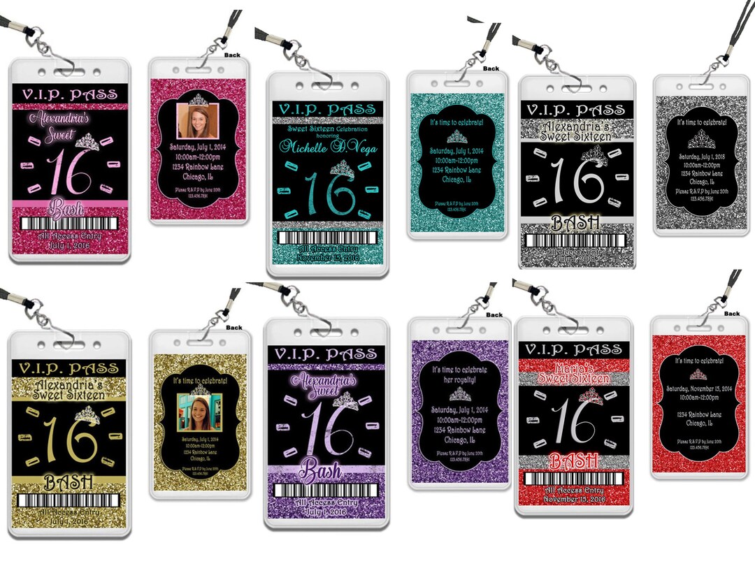 Glitter Sweet 16 VIP Pass Lanyards, Black Pink, Purple, Turquoise, Red
