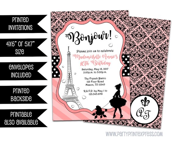 Paris Invitations Paris Birthday Invitation Pink Black Etsy