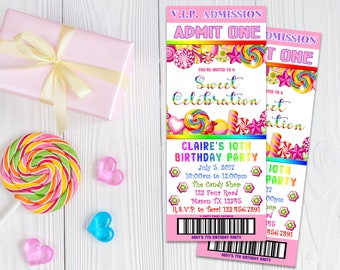 Printable Candy Land Admission Ticket Invitations - Pink Sweet Candy Celebration  Birthday Party - Candy Party Invites Girl Rainbow Lollipop