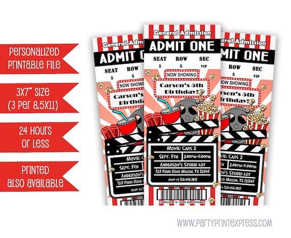 printable movie ticket invitation movie birthday party etsy