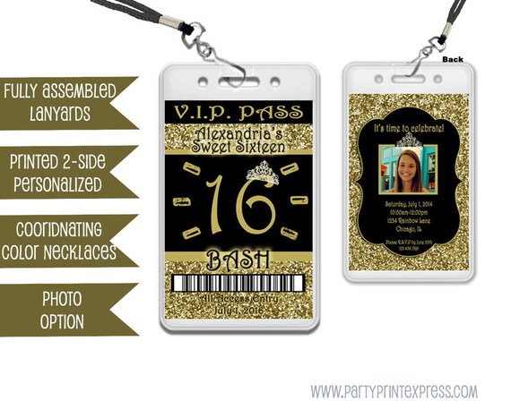 Gold Sweet 16 VIP Invitation Lanyards - Gold Glitter Sweet 16 Invitation - Gold and Black Sweet 16 Party Favors - Gold Tiara - Glitzy Il_570xn