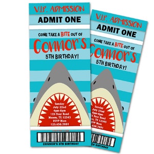 Shark Ticket Invitation Boy Shark VIP Admission Ticket Invites Bite Out Of Birthday Invite Little Shark Party Printed Shark Invites image 1