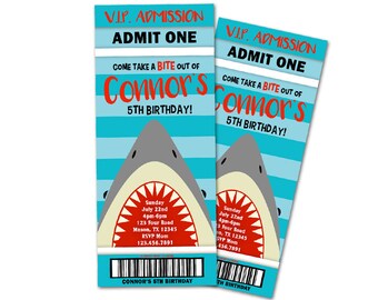 Shark Ticket Invitation - Boy Shark VIP Admission Ticket Invites - Bite Out Of Birthday Invite - Little Shark Party - Printed Shark Invites