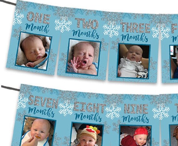 Snowflake 1st Birthday 12 Photo Banner - Blue Silver Winter ONEderland Timeline 1st Banner - Milestone First Birthday Bunting Glitter Il_570xn