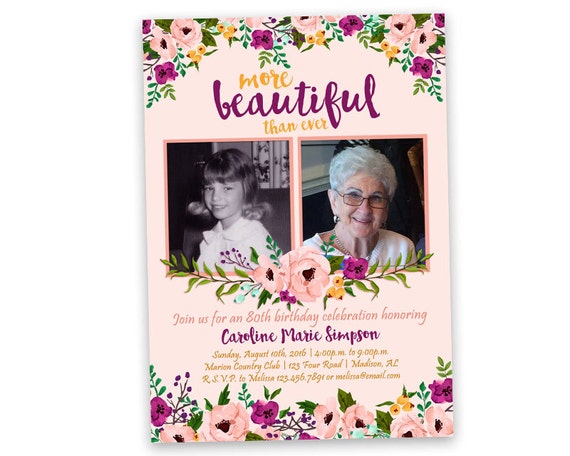 Woman Birthday Invitations - Pink Purple Floral Invitation - 90th 80th 70th 60th 50th 40th - Then and Now Photo Invitation - Beautiful Lady Il_570xn