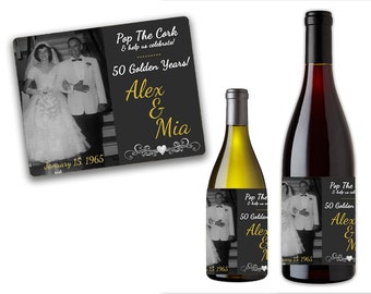 50th Anniversary Wine Labels - 50th Anniversary Party Favors - Vow Renewal Wine Bottle Labels - Mini Champagne Bottle - Custom Photo