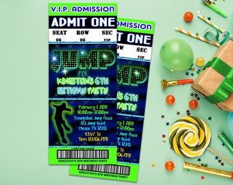 Boys Jump Birthday Admission Ticket Invitation in Neon Green Fun Stripes Cool Teen Design, Printed Custom with Envelopes, Trampoline Park