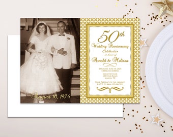 Elegant Gatsby 50th Golden Anniversary Invitations - Photo Art Deco Vow Renewal 50th Wedding Anniversary Invites - Gold Keepsake