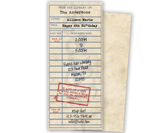 Library Card Invitations - Book Theme Party - Build a Library Invite - Library Baby Shower - Book Birthday Party - Bring a Book Invitation Il_570xn
