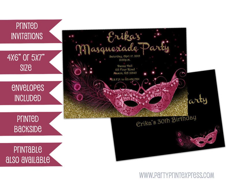 pink and gold masquerade invitation masquerade party invite pink mask peacock feather mardi gras mask invite glitter glitz any age masquerade invitations