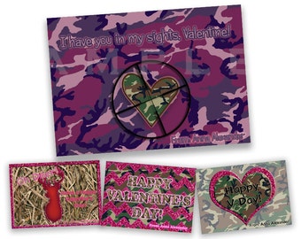 Girl Camo Valentine Cards - Girls Camouflage Valentines - Pink Camo Glitter V Day Cards - Purple Camo - Hunting - Deer - Sights - Redneck