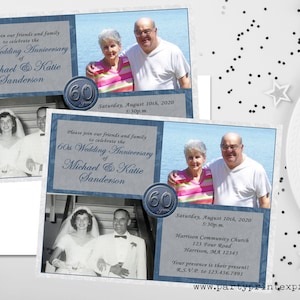Photo 60e anniversaire de mariage Invitations - Invitations de fête d'anniversaire de diamant puis maintenant - 60e invitations de fête d'anniversaire bleu argenté