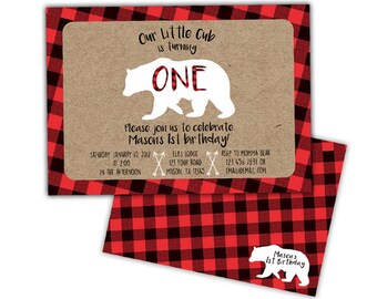 Little Bear Invitations - Little Cub Birthday Invitation - Flannel Bear Invite - plaid Bear cub Invitations - cubby Red Kraft Lumberjack