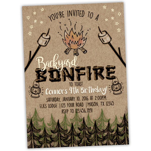 Bonfire Invitations - Bonfire Birthday Invitation - Bonfire Party Invite - Rustic Camping Invitation - Backyard Bonfire Party - Kids Adult