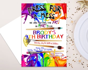 Rainbow Painting Birthday Invitations - Messy Painting Party Invites - Art Party Invitation - Girl Kids Paint Palette Class Paintbrush