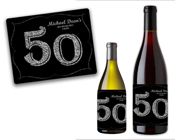 Silver Birthday Wine Bottle Labels - Adult Party Favors Milestone - Silver Glitter - 40th 50th 60th 70th 80th any age elegant champagne mini Il_570xn