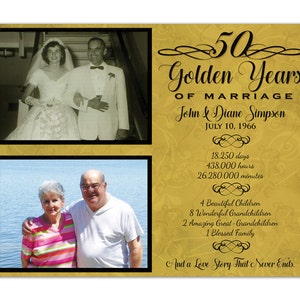 50th Anniversary Then Now Photo Gift Print Gold Wedding Anniversary Photos Parents Couple Elegant black Personalized ideas Fancy image 4