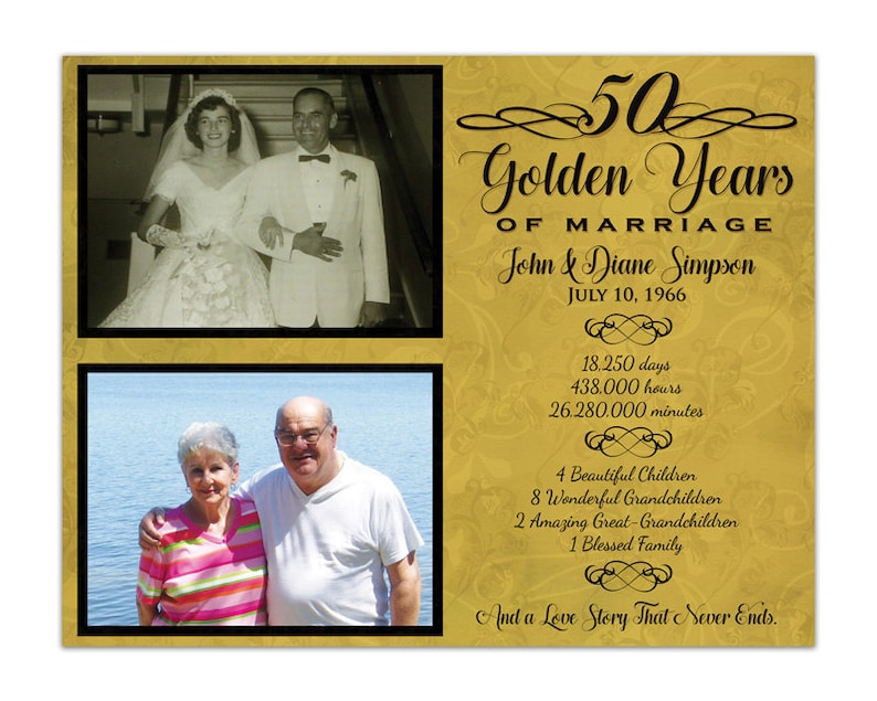 50th Anniversary Then Now Photo Gift Print Gold Wedding Anniversary Photos Parents Couple Elegant black Personalized ideas Fancy image 4