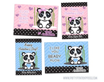 Panda Bears Kids Valentines - Panda Classroom Valentine Cards - Boy Valentine Card Girl Beary Much - Anime Pink or Blue or Mix Hearts Polka