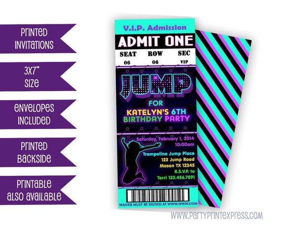 Personalised VIP Neon Jump Trampoline Bounce Party Lanyard Party Invites