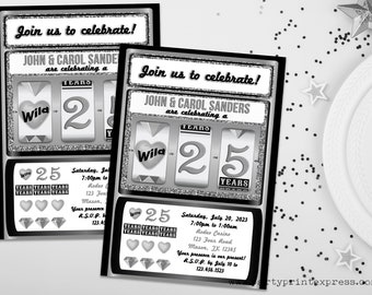 Slot Machine 25th Wedding Anniversary Party Invitations - Gambler Vow Renewal 25 Funny Invite - Silver Photo Lucky in Love Jackpot Poker