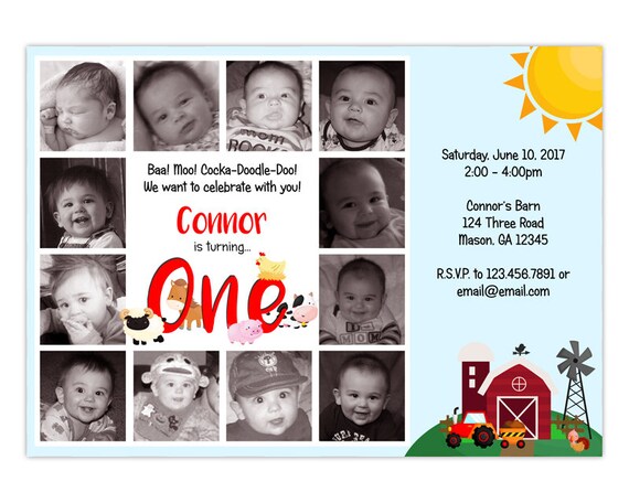12 month photo Farm Invitations - 1st birthday monthly Timeline Invitation - Barnyard Animal Invites - Barn Tractor Farm Keepsake Party Il_570xn