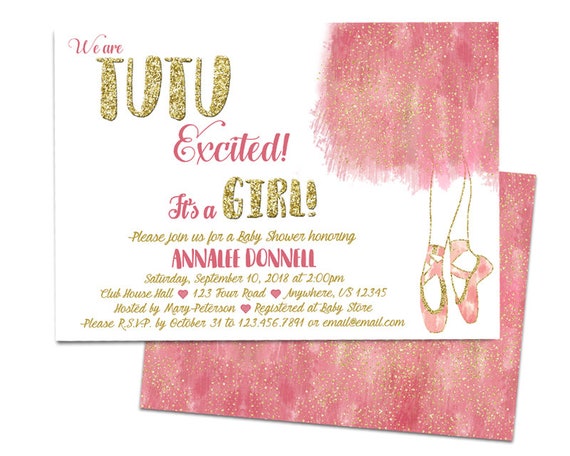 Tutu Excited Baby Shower Invitations - Pink Tutu Baby Shower - Gold Glitter Tutu Girl Baby Shower Invitation - Watercolor Ballet Slippers Il_570xn