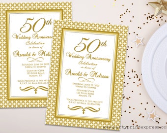 50th Wedding Anniversary Invitation - Anniversary Party Invitations -  Vow Renewal - Art Deco - Gold Golden Ornate - Elegant Printed