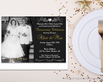 Black Photo 50th Anniversary Invitations - Elegant Golden Wedding Anniversary Party - Monogram Gold and Chalk Vow Renewal Invite Surprise