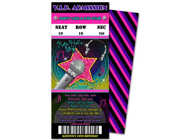 Girl Pop Star Birthday Invitations - Neon Pop Star Admission Ticket Invites - Vip Invitations - Pink Karaoke Birthday Invitations - Rockstar Il_570xn