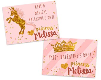 Pink Princess Valentines - Personalized Unicorn Pink Gold Classroom Valentine Cards - School - Tiara - Glitter - Elegant Fancy Striped Trend