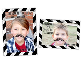 Mustache Valentines Day Cards - Little Man Classroom Valentines - Photo Valentines -Funny Kids Valentine Cards - Boy Class Black Striped