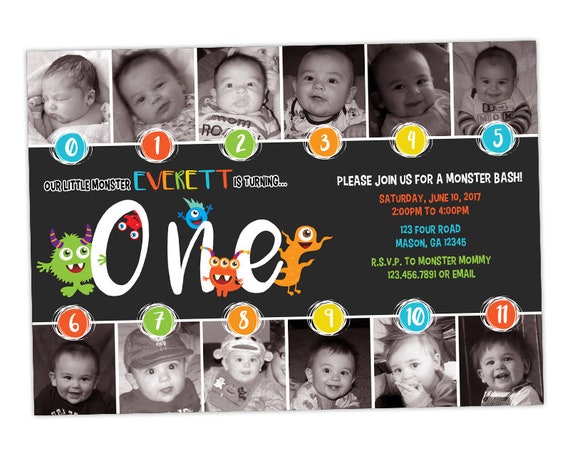 Photo Monster 1st Birthday Invitations - Monthly Timeline Invitations - Little Monsters Bash Invites - Photos Keepsake Boy Il_570xn