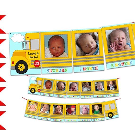 Photo Bus 1st Birthday Banner - Milestone 12 month Banner Round and Round - Wheels Bus Banner Birthday Boy Girl Printed Keepsake Il_570xn