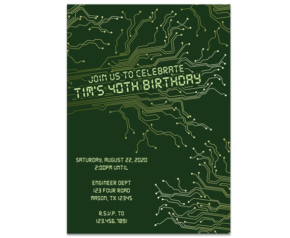 Nerdy Circuitboard Invitations - Adult Birthday - Graduation - Bar Mitzvah Invites - Motherboard - Computer Party Invite - Man Kids Geek Il_570xn