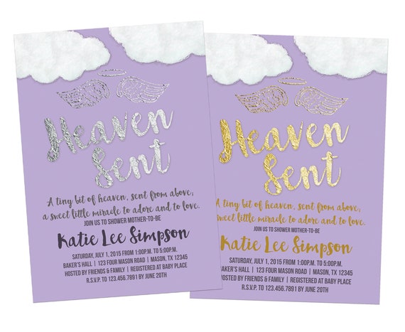 Purple Heaven Sent Baby Shower Invitation - Angel Baby Shower Invitations - Thank Heavens Little Girls Invites - Purple Gold - Purple Silver Il_570xn