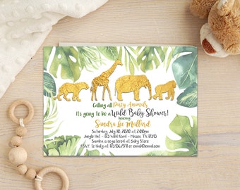 Wild One Gold Safari Animals Invitations for Baby Shower or Birthday Party, Giraffe, Gorilla, Printed with Envelopes, Jungle Birthday Invite