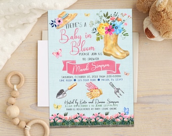 Girl Baby in Bloom Shower Invitations - Pink Floral Spring Summer Watercolor Party Invites - Gardening Baby Invite - Printed with Envelopes