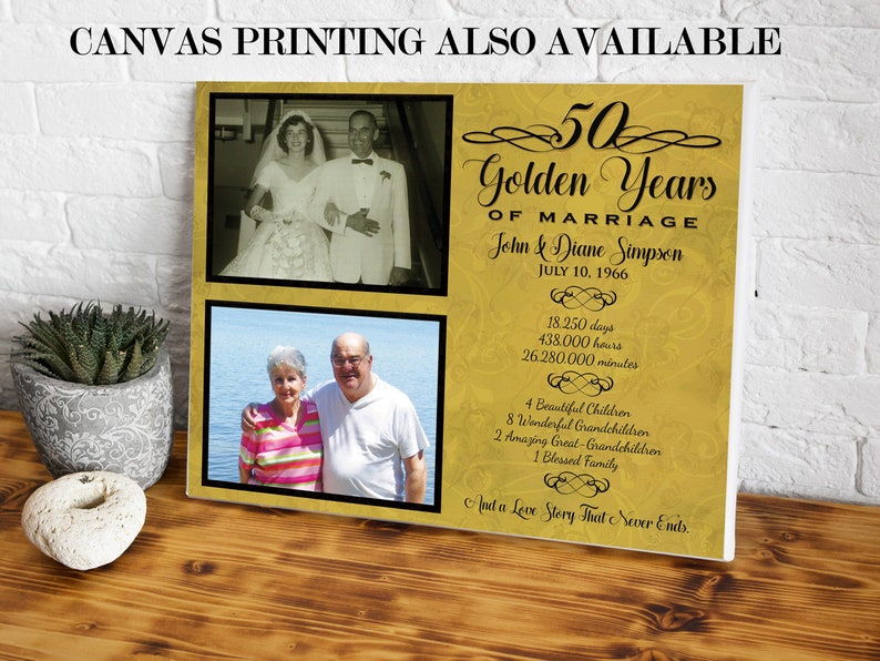 50th Anniversary Then Now Photo Gift Print Gold Wedding Anniversary Photos Parents Couple Elegant black Personalized ideas Fancy image 2