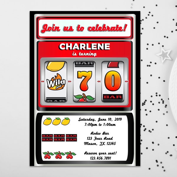 Slot Machine Birthday Invitation - Casino Party Invitations - Man Woman Birthday Party Invites Casino Night Theme 70th 80th Any