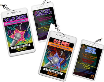 Pop Star VIP Pass Lanyard Invitations - Rock Star Party Invites - Karaoke Music Boy or Girl - Pink or Orange - Rap Hip Hop Dance Admission