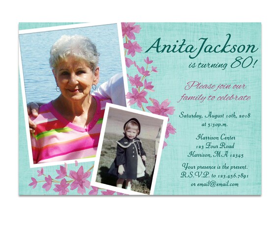 Blue Floral Birthday Invitations Woman - Teal Flower Photo Invitations Women Milestone - Lady Female Surprise - 70th 80th 90th 100th 50th 40 Il_570xn