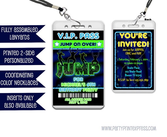 Personalised VIP Neon Jump Trampoline Bounce Party Lanyard Party Invites